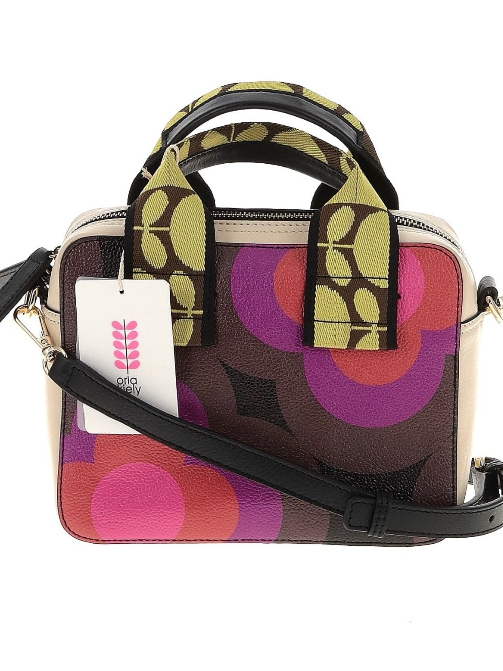 Orla Kiely Brown Multicolor Crossbody Satchel with Pink and Purple Circles